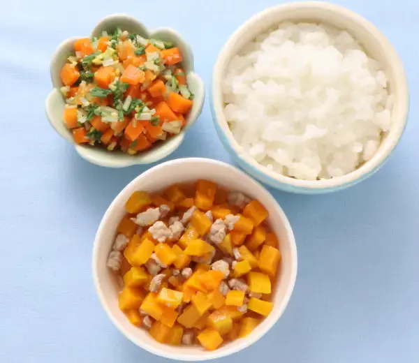 豚肉とかぼちゃのみそ煮 水菜とコーンのおひたし